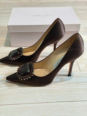 Jimmy Choo Vintage 'Karen' Brown Silk Satin Jewelled Heels